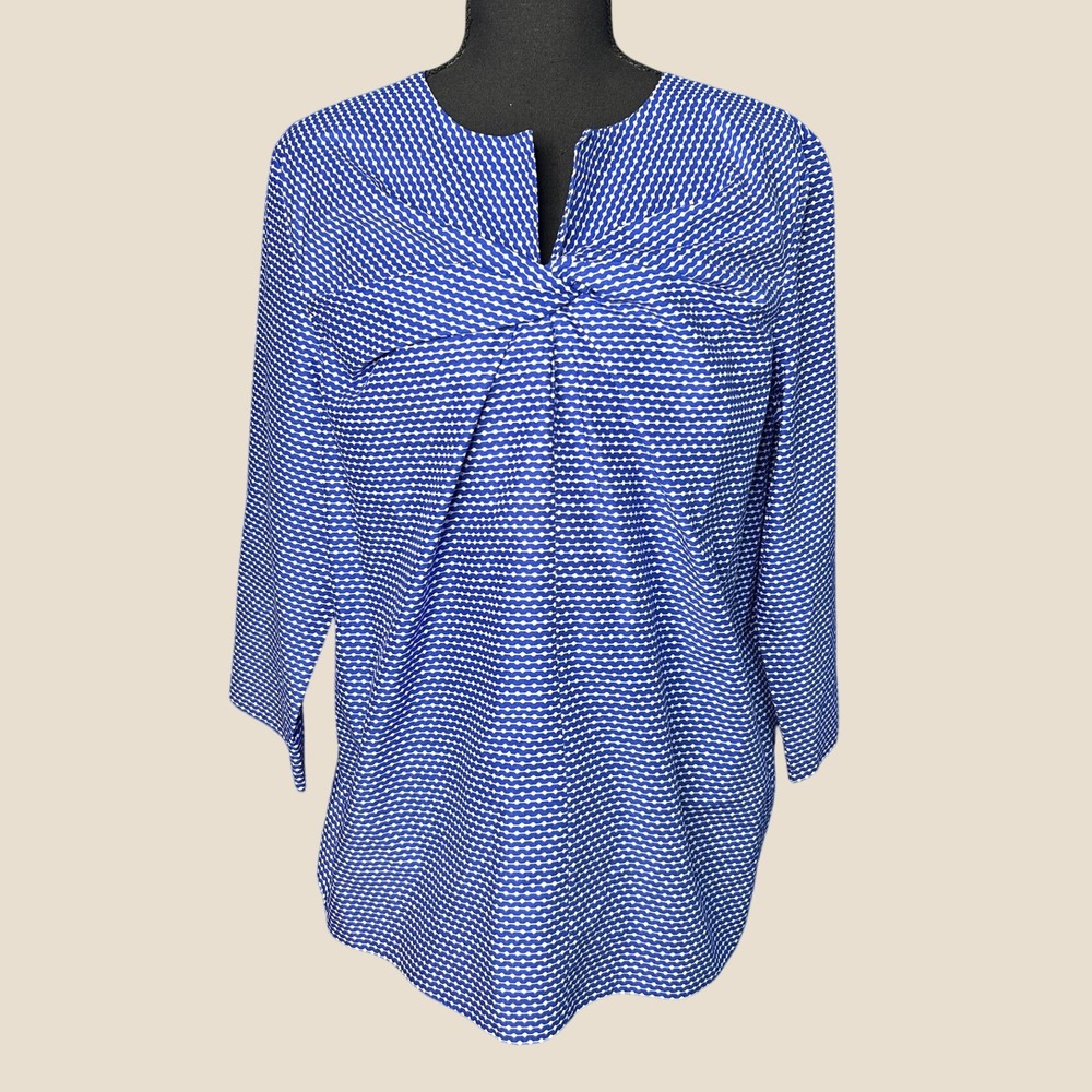 Cos Womens Blue Geometric Twist-Front Top Sz 12 Cotton Coastal Resort Nautical